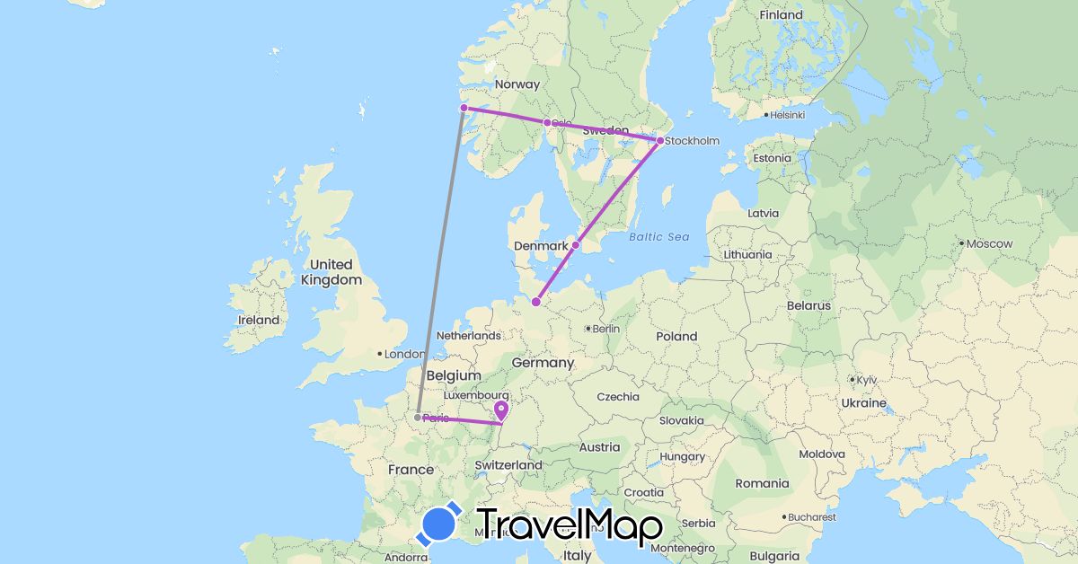 TravelMap itinerary: plane, train in Germany, Denmark, France, Norway, Sweden (Europe)
